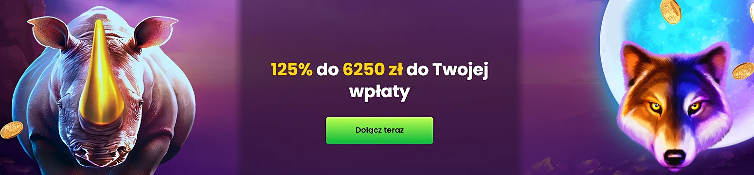 Bonus 125% do 6250 zł z postacią nosorożca i wilka Bizzo Casino