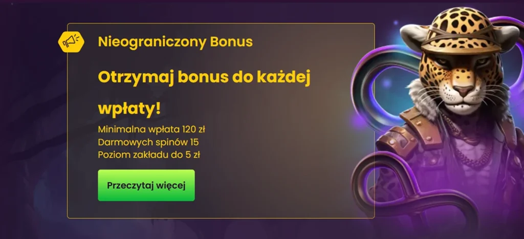 Nieograniczony bonus do każdej wpłaty Bizzo Casino z lampartem