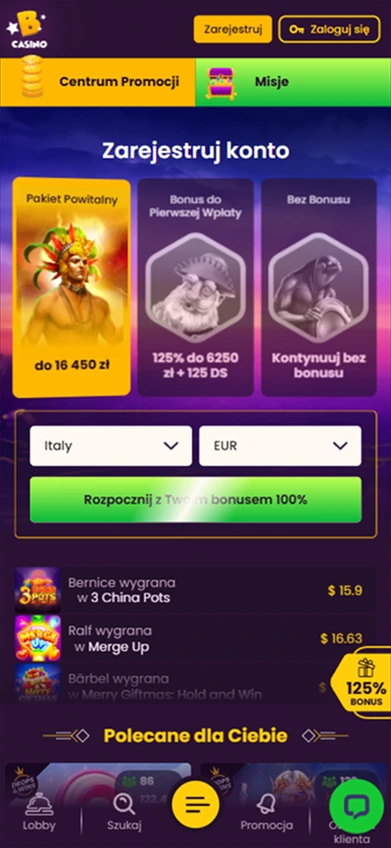 Ekran rejestracji konta w Bizzo Casino z pakietem powitalnym i opcjami bonusów