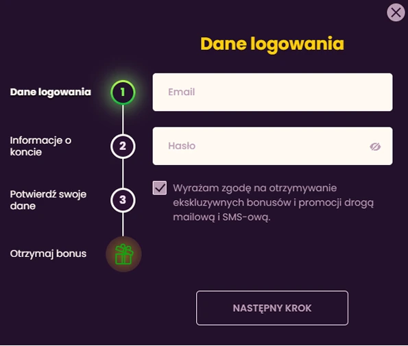Formularz logowania do Bizzo Casino z emailem i hasłem